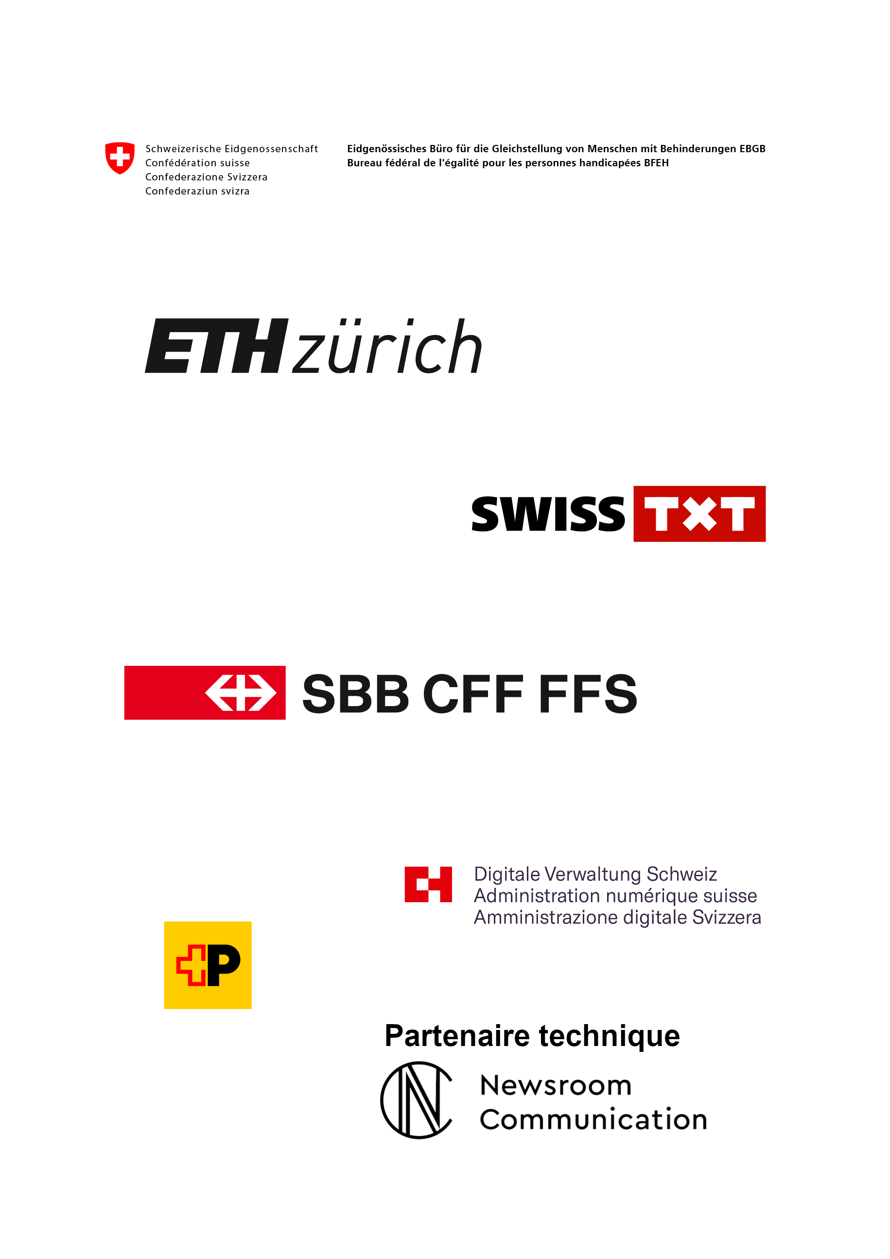 Organisation: Bureau fédéral de l’égalité pour les personnes handicapées, EPF Zurich, SWISS TXT, Poste CH, CFF, Administration numérique suisse